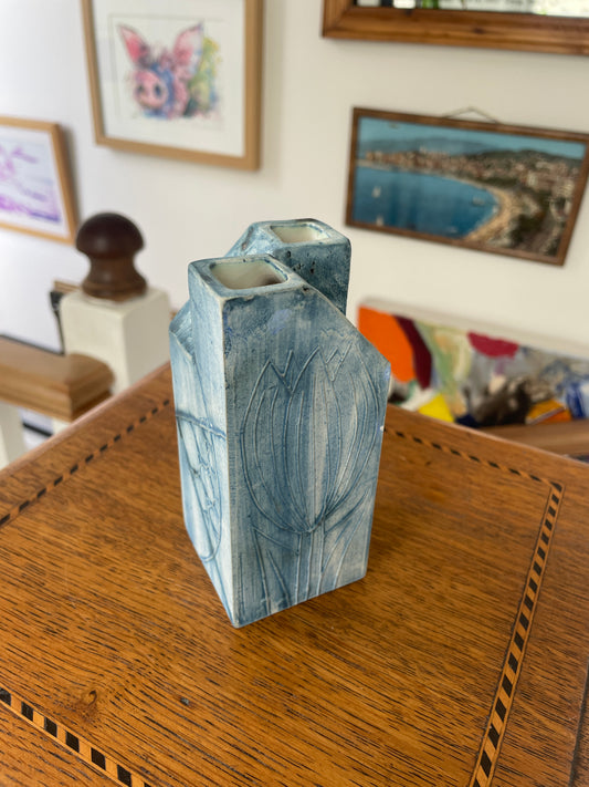 Vintage Carn Pottery Twin Neck Vase by John Beusmans, Cornish Studio Pottery Blue Geometric 12.5cm Vase
