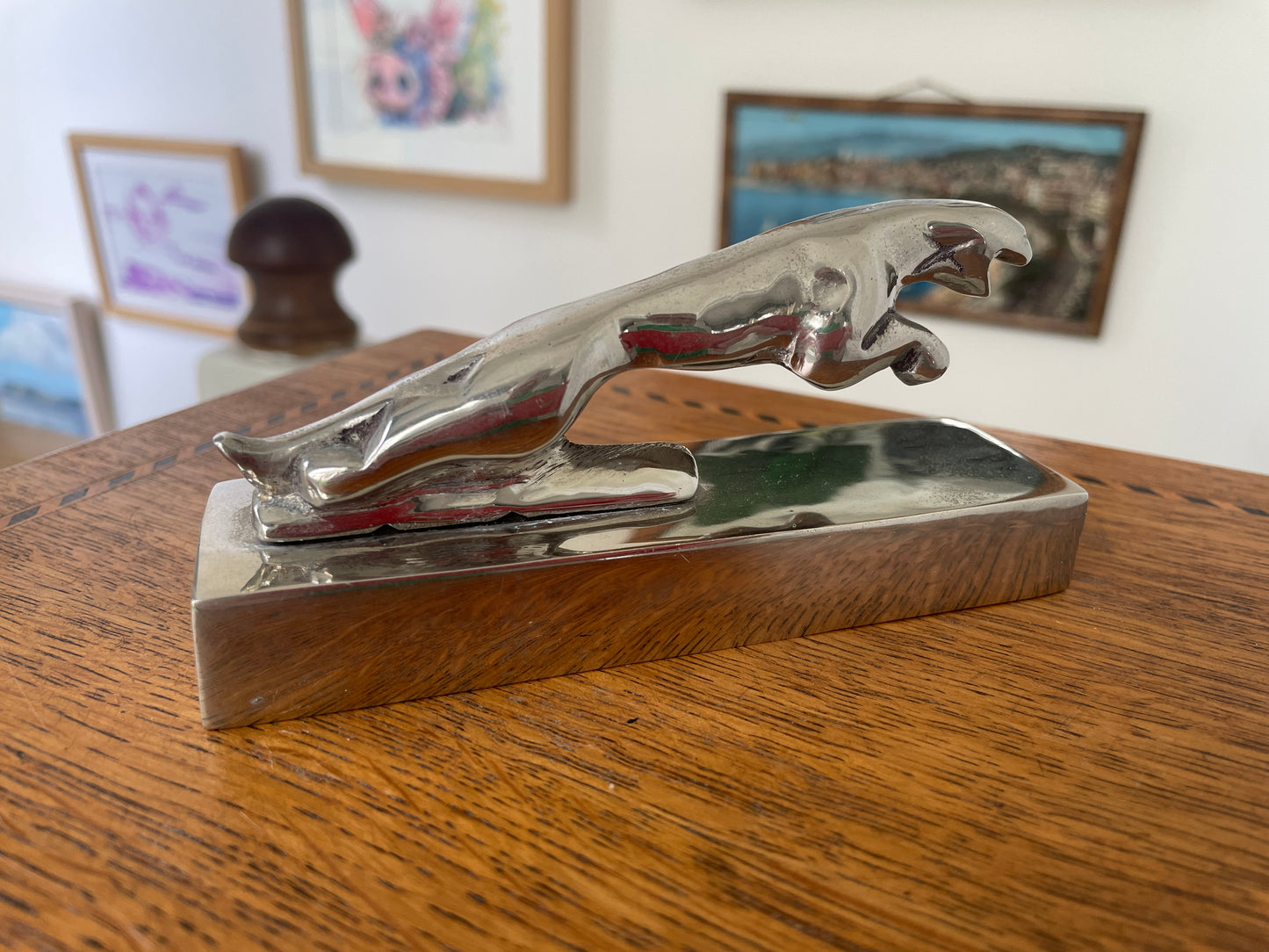 Vintage Chrome Jaguar Car Mascot Desk Ornament – Leaping Cat Paperweight 13cm Long