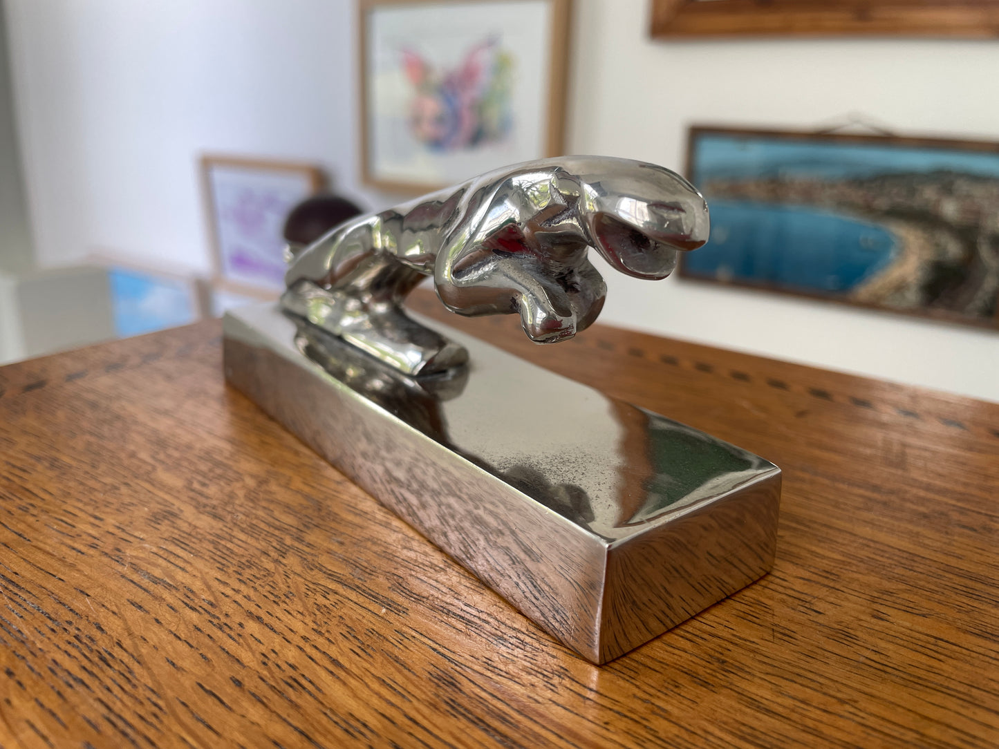Vintage Chrome Jaguar Car Mascot Desk Ornament – Leaping Cat Paperweight 13cm Long
