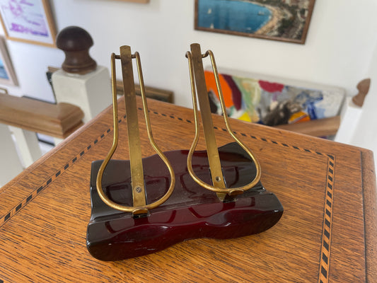 Mid-Century Japanese Lacquerware Pipe Stand with Brass Holders, Retro Desk Organiser, 1950s Tobacciana, Burgundy Red & Gold