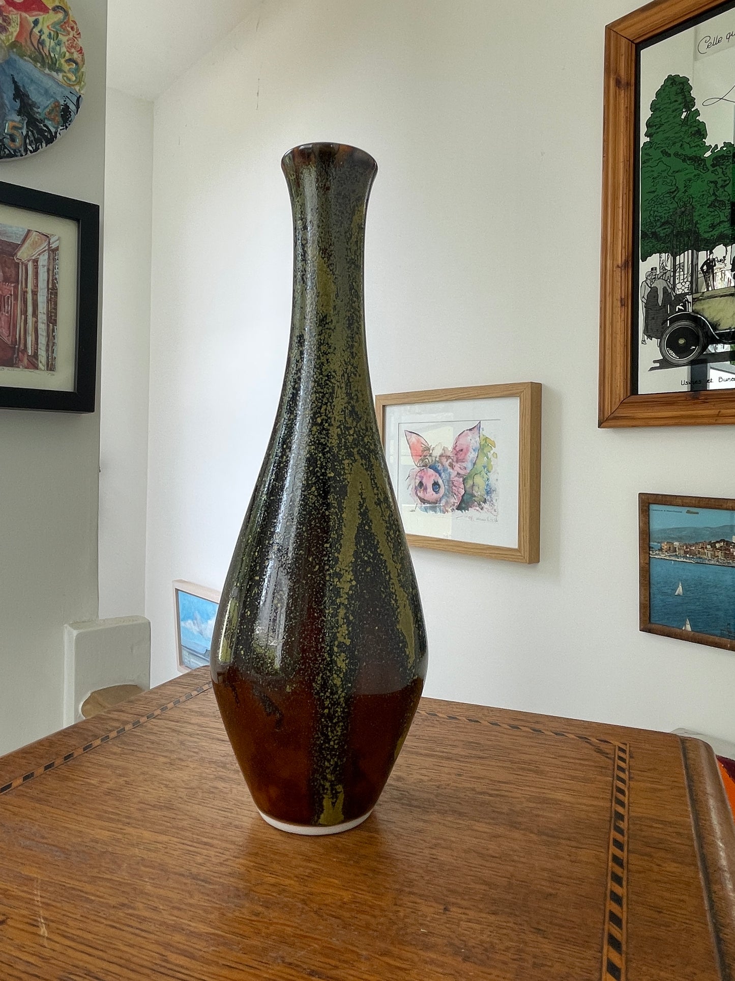 Vintage Japanese Studio Pottery Vase with Signed Wooden Box, 22cm Tall Glazed Art Pottery, Mid-Century Mingei Style
