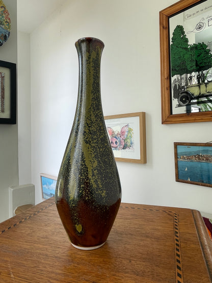 Vintage Japanese Studio Pottery Vase with Signed Wooden Box, 22cm Tall Glazed Art Pottery, Mid-Century Mingei Style