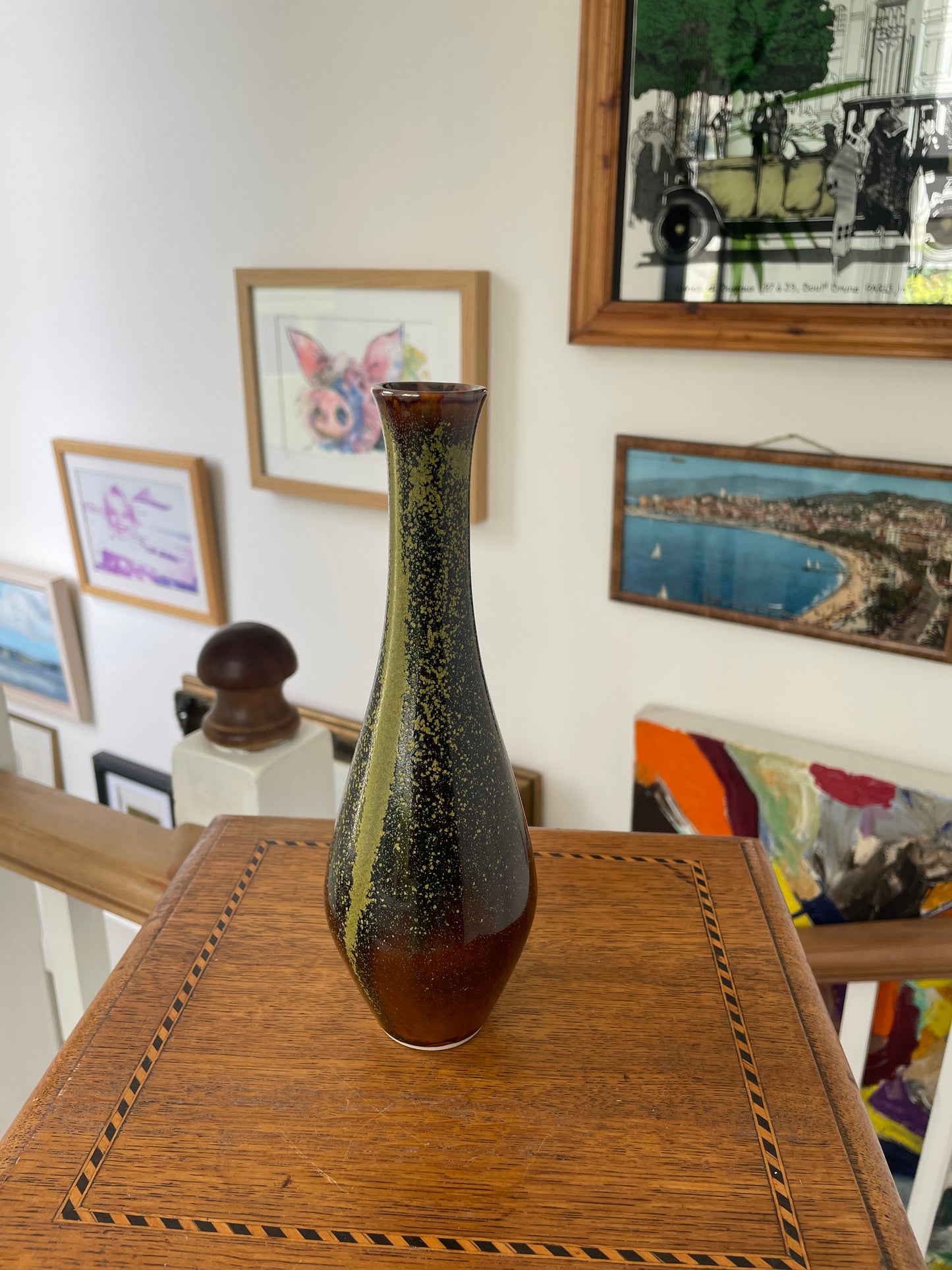 Vintage Japanese Studio Pottery Vase with Signed Wooden Box, 22cm Tall Glazed Art Pottery, Mid-Century Mingei Style