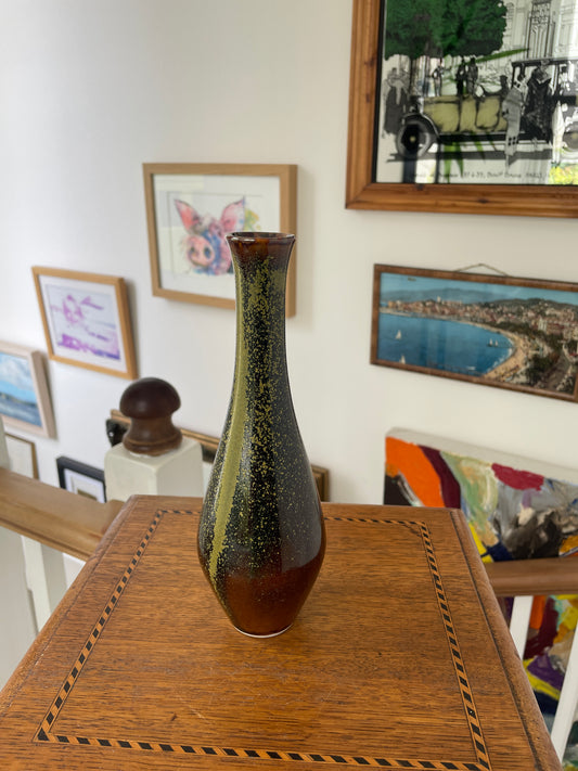 Vintage Japanese Studio Pottery Vase with Signed Wooden Box, 22cm Tall Glazed Art Pottery, Mid-Century Mingei Style