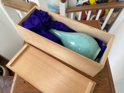 Vintage Japanese Celadon Bubble Glaze Vase with Signed Kiri Wood Box, 19.5cm Studio Pottery Bottle Form