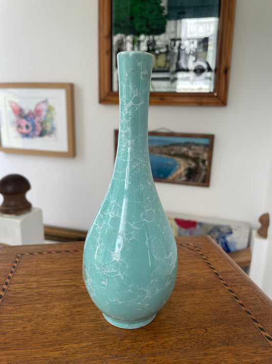 Vintage Japanese Celadon Bubble Glaze Vase with Signed Kiri Wood Box, 19.5cm Studio Pottery Bottle Form
