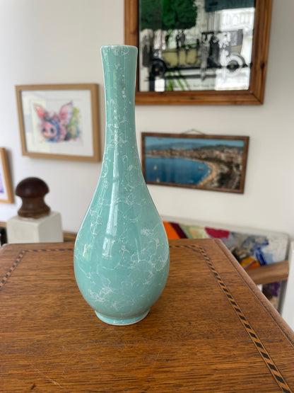 Vintage Japanese Celadon Bubble Glaze Vase with Signed Kiri Wood Box, 19.5cm Studio Pottery Bottle Form