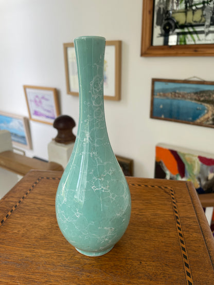 Vintage Japanese Celadon Bubble Glaze Vase with Signed Kiri Wood Box, 19.5cm Studio Pottery Bottle Form