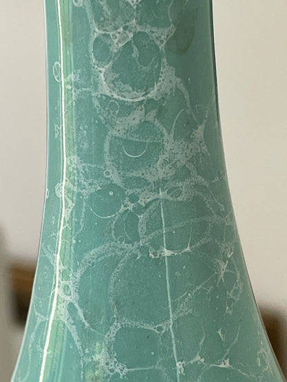Vintage Japanese Celadon Bubble Glaze Vase with Signed Kiri Wood Box, 19.5cm Studio Pottery Bottle Form