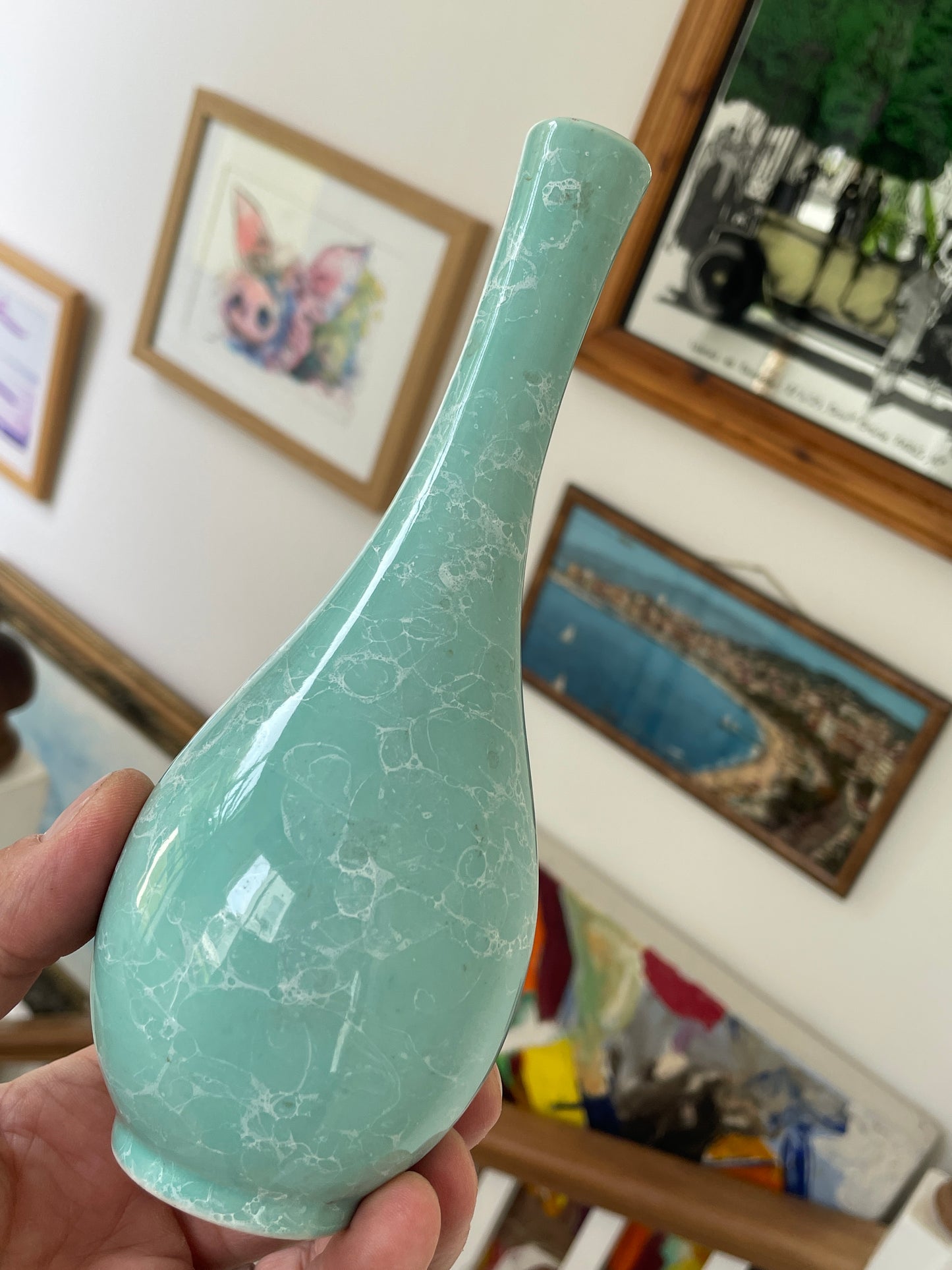 Vintage Japanese Celadon Bubble Glaze Vase with Signed Kiri Wood Box, 19.5cm Studio Pottery Bottle Form