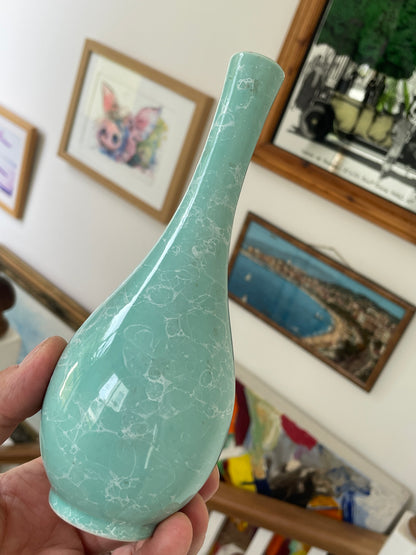 Vintage Japanese Celadon Bubble Glaze Vase with Signed Kiri Wood Box, 19.5cm Studio Pottery Bottle Form
