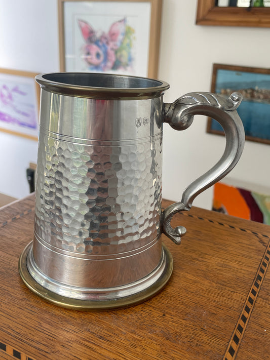 Vintage Sheffield Modern Pewter Tankard with Glass Bottom & Brass Rim, Hammered Finish, Mid Century English Beer Mug