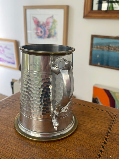 Vintage Sheffield Modern Pewter Tankard with Glass Bottom & Brass Rim, Hammered Finish, Mid Century English Beer Mug