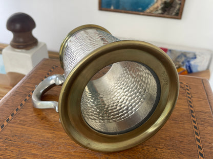 Vintage Sheffield Modern Pewter Tankard with Glass Bottom & Brass Rim, Hammered Finish, Mid Century English Beer Mug
