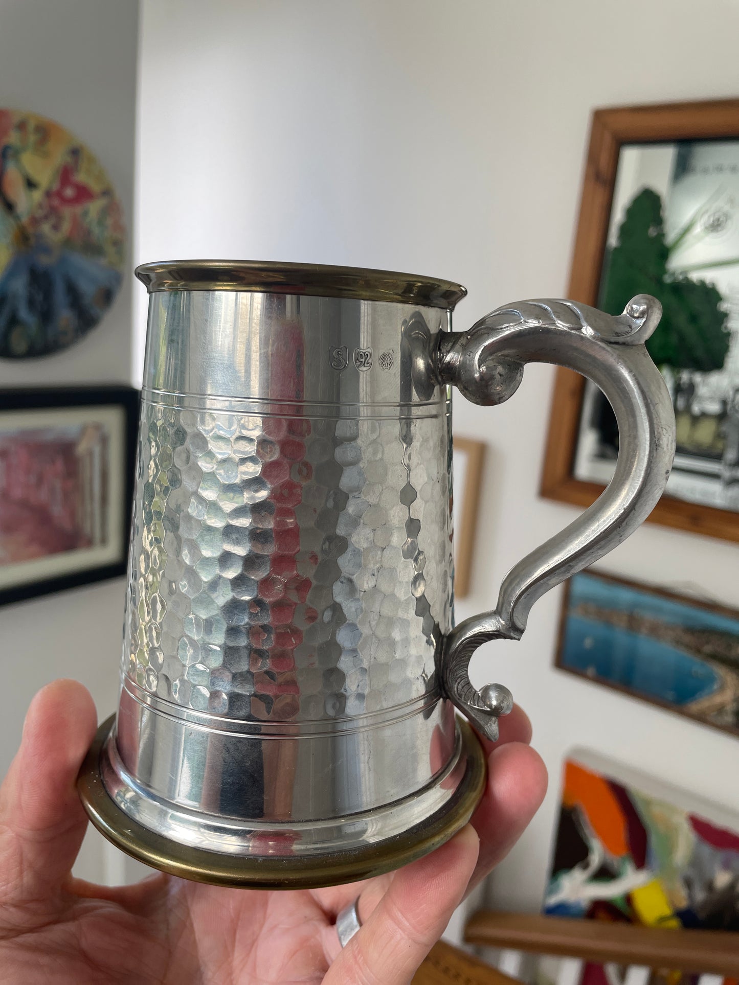 Vintage Sheffield Modern Pewter Tankard with Glass Bottom & Brass Rim, Hammered Finish, Mid Century English Beer Mug