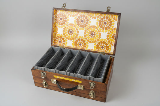 Vintage Wooden 35mm Slide Storage Case with Retro Floral Lining, Holds Colour Slides, Mid Century Photography Box 38x23x15cm