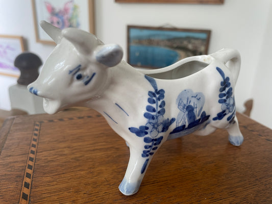 Vintage Handpainted Delft Blue Cow Creamer Jug – Dutch Ceramic Milk Pitcher with Windmill Scene & Floral Design 1960s