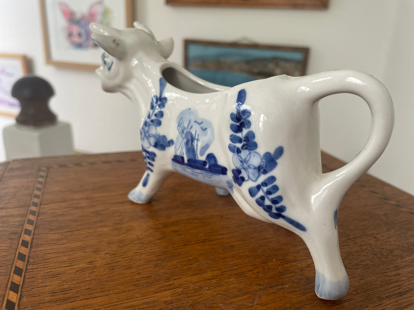 Vintage Handpainted Delft Blue Cow Creamer Jug – Dutch Ceramic Milk Pitcher with Windmill Scene & Floral Design 1960s