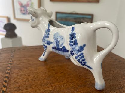 Vintage Handpainted Delft Blue Cow Creamer Jug – Dutch Ceramic Milk Pitcher with Windmill Scene & Floral Design 1960s