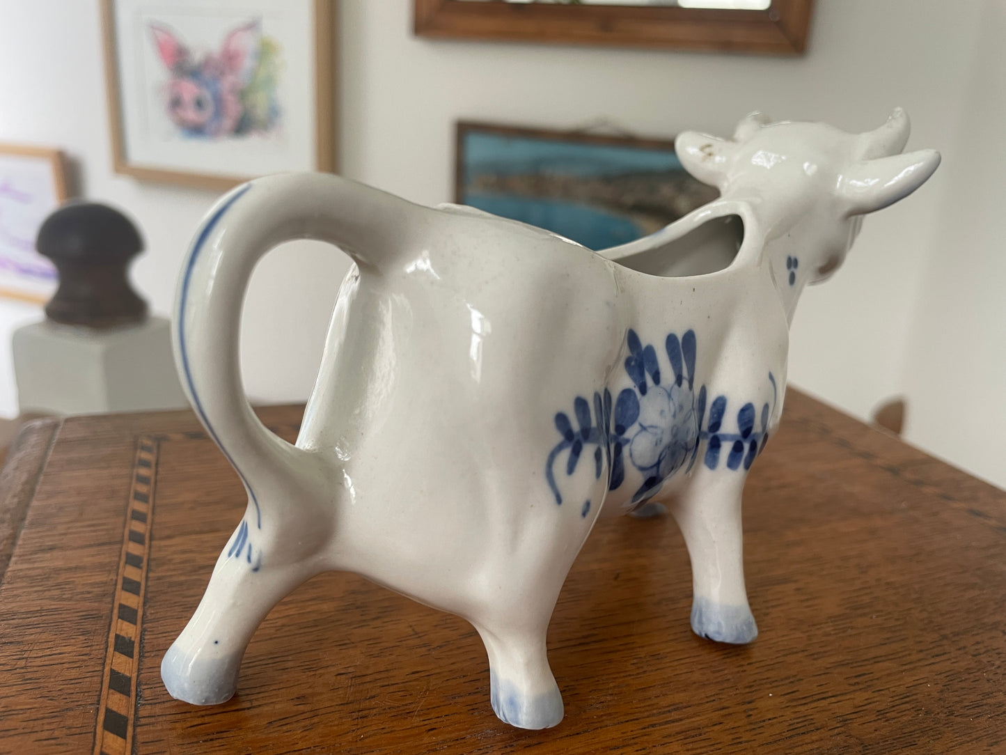 Vintage Handpainted Delft Blue Cow Creamer Jug – Dutch Ceramic Milk Pitcher with Windmill Scene & Floral Design 1960s