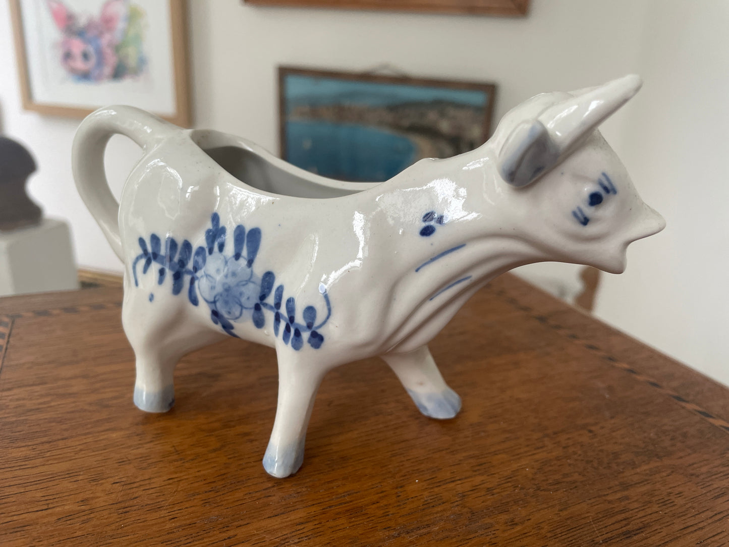 Vintage Handpainted Delft Blue Cow Creamer Jug – Dutch Ceramic Milk Pitcher with Windmill Scene & Floral Design 1960s