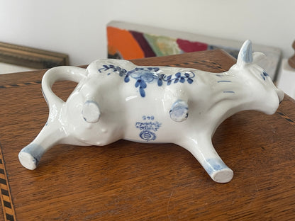 Vintage Handpainted Delft Blue Cow Creamer Jug – Dutch Ceramic Milk Pitcher with Windmill Scene & Floral Design 1960s