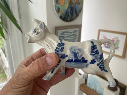 Vintage Handpainted Delft Blue Cow Creamer Jug – Dutch Ceramic Milk Pitcher with Windmill Scene & Floral Design 1960s