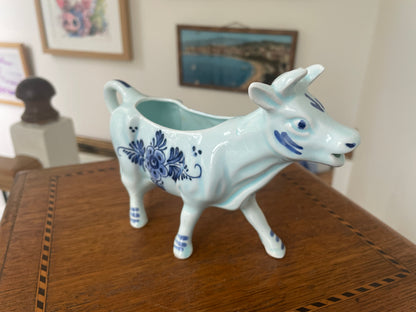 Vintage Handpainted Delft Blue Cow Creamer Jug – Dutch Ceramic Milk Pitcher with Windmill Scene & Floral Design 1960s