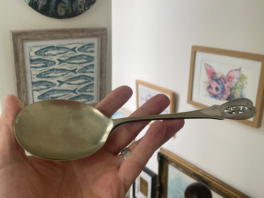 Antique Sheffield Silver Plated Serving Spoon 23.5cm, F H EPNS, Edwardian Pierced Handle Tableware, Vintage Large Spoon