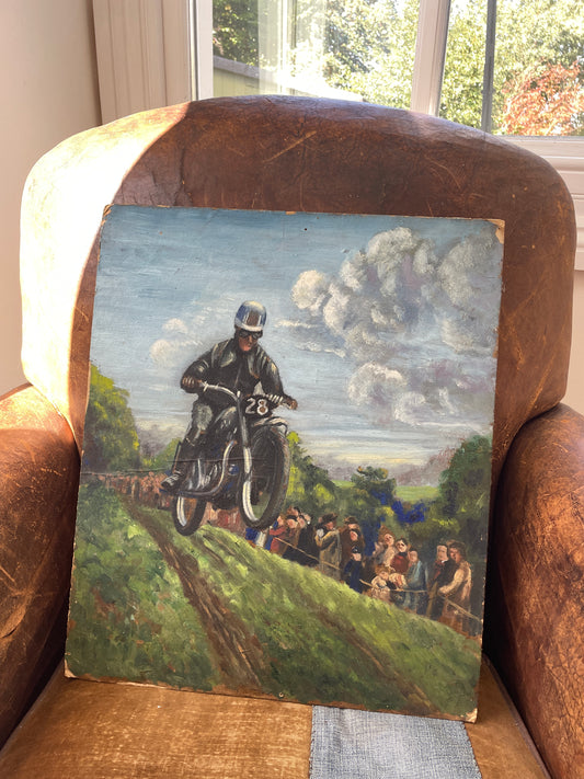 Vintage Oil Painting on Board – Motorcycle Racing Scene, Rider No. 28, Unsigned Motorsport Artwork, Mid-20th Century