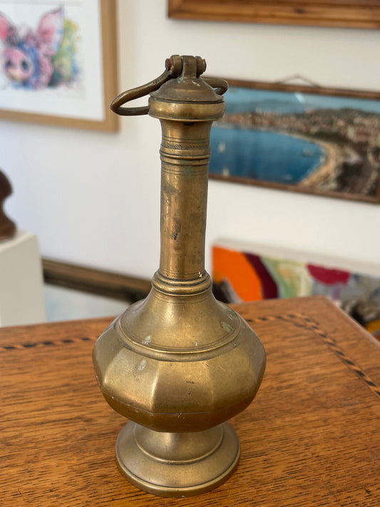 Antique Brass Vessel with Hinged Lid, 19th Century Indo Persian Islamic Style Decorative Bottle Flagon 14cm