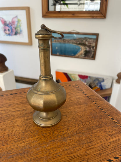 Antique Brass Vessel with Hinged Lid, 19th Century Indo Persian Islamic Style Decorative Bottle Flagon 14cm