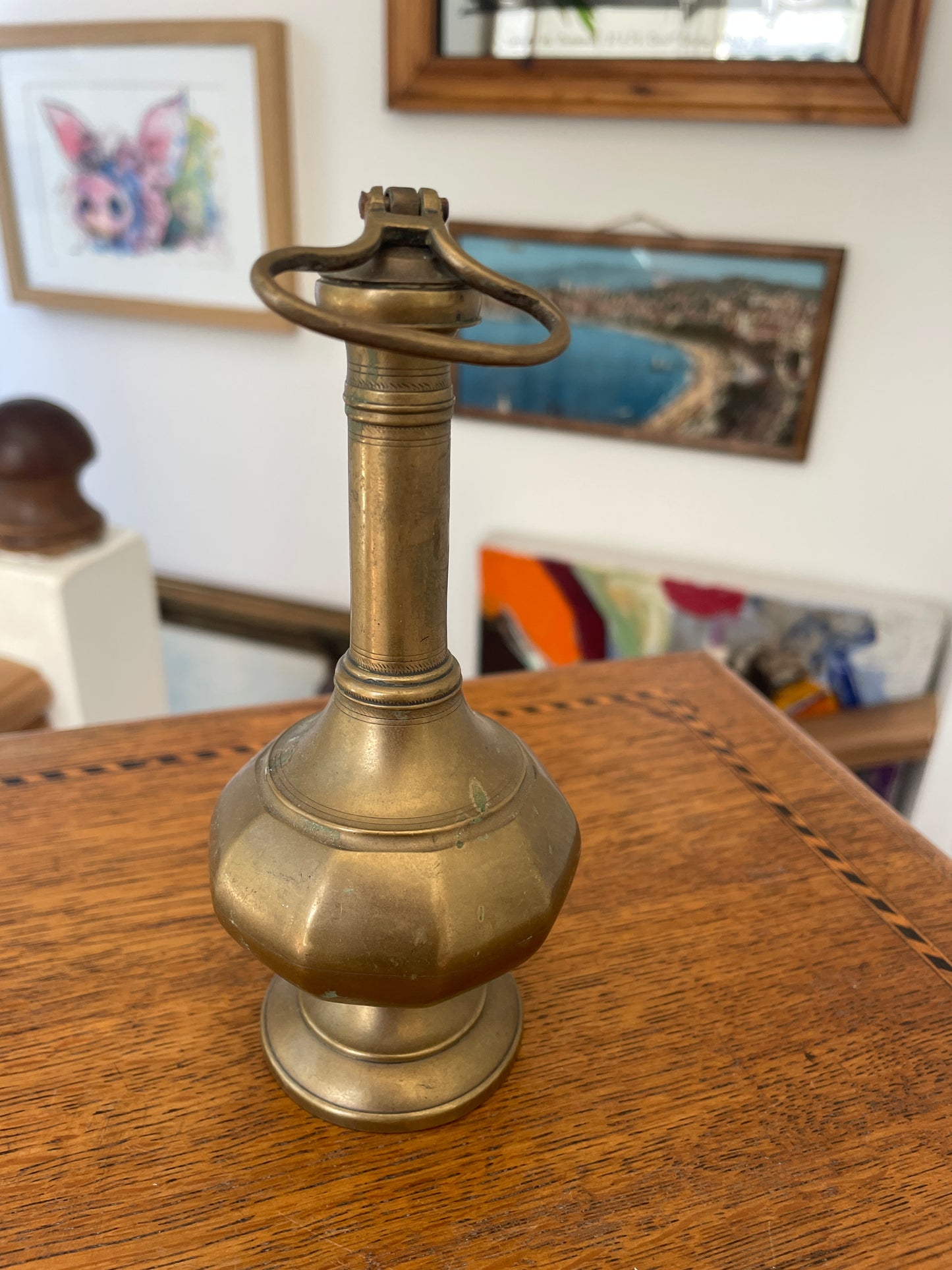 Antique Brass Vessel with Hinged Lid, 19th Century Indo Persian Islamic Style Decorative Bottle Flagon 14cm