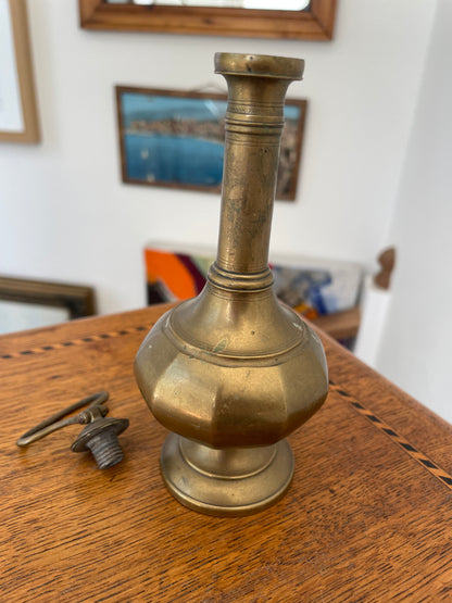 Antique Brass Vessel with Hinged Lid, 19th Century Indo Persian Islamic Style Decorative Bottle Flagon 14cm