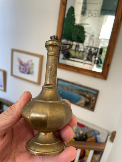 Antique Brass Vessel with Hinged Lid, 19th Century Indo Persian Islamic Style Decorative Bottle Flagon 14cm