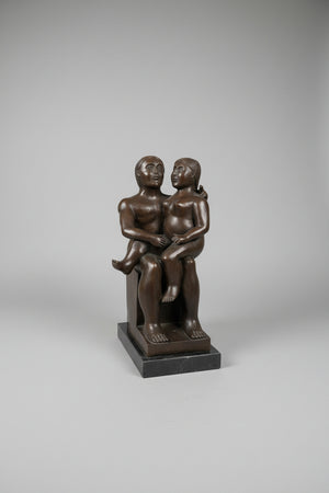 Patinated Bronze Modernist Sculpture “Seated Couple” — signed Pompon, in the manner of Fernando Botero, c.20th century