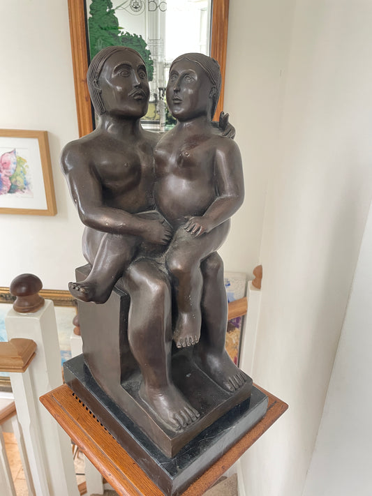 Patinated Bronze Modernist Sculpture “Seated Couple” — signed Pompon, in the manner of Fernando Botero, c.20th century