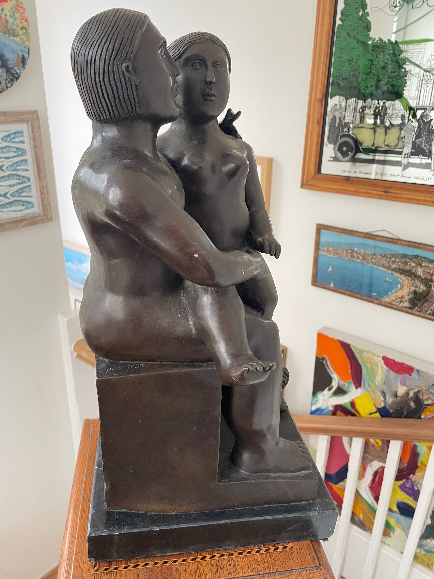 Patinated Bronze Modernist Sculpture “Seated Couple” — signed Pompon, in the manner of Fernando Botero, c.20th century