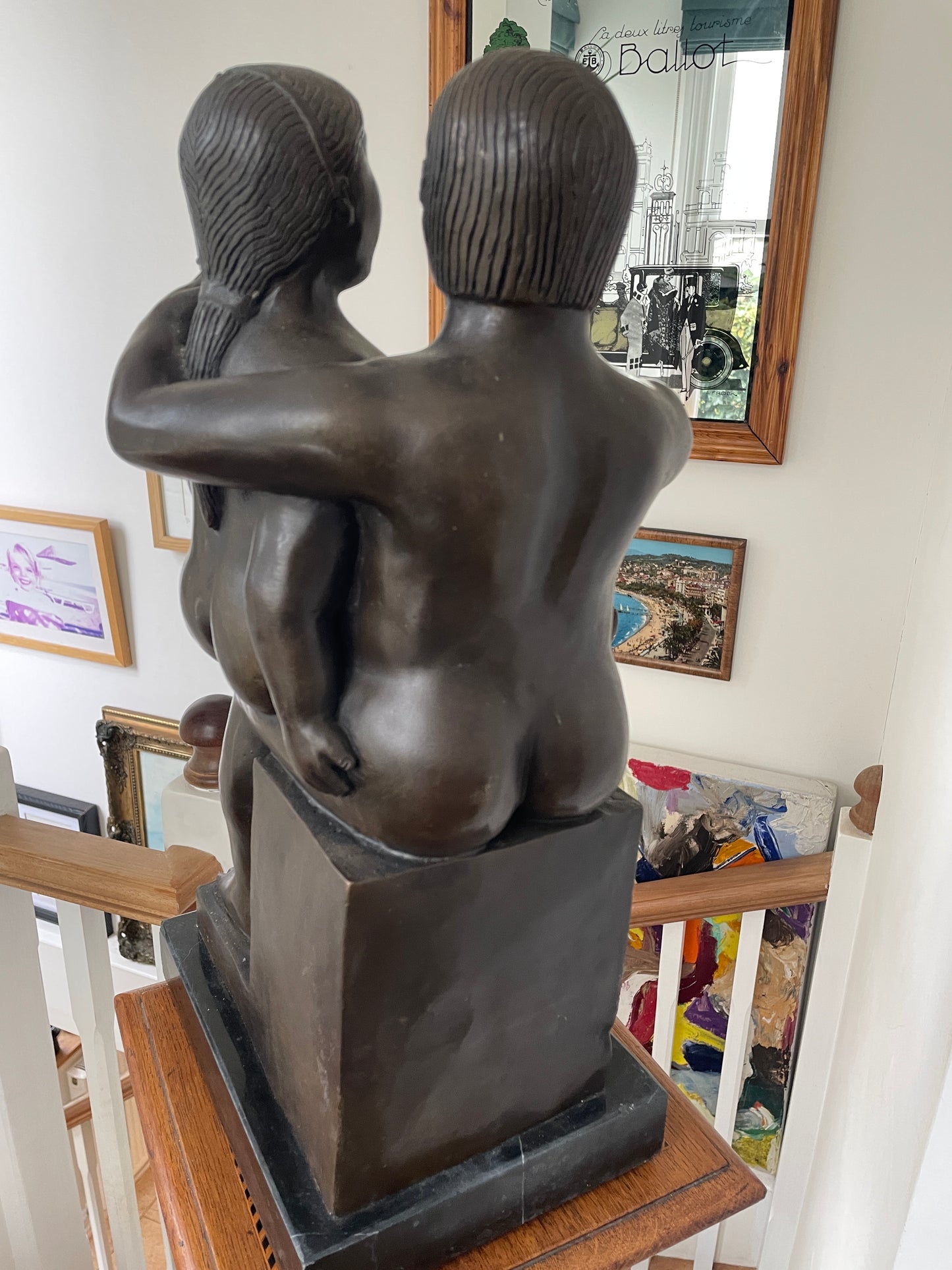 Patinated Bronze Modernist Sculpture “Seated Couple” — signed Pompon, in the manner of Fernando Botero, c.20th century