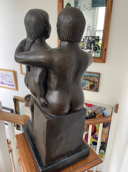 Patinated Bronze Modernist Sculpture “Seated Couple” — signed Pompon, in the manner of Fernando Botero, c.20th century