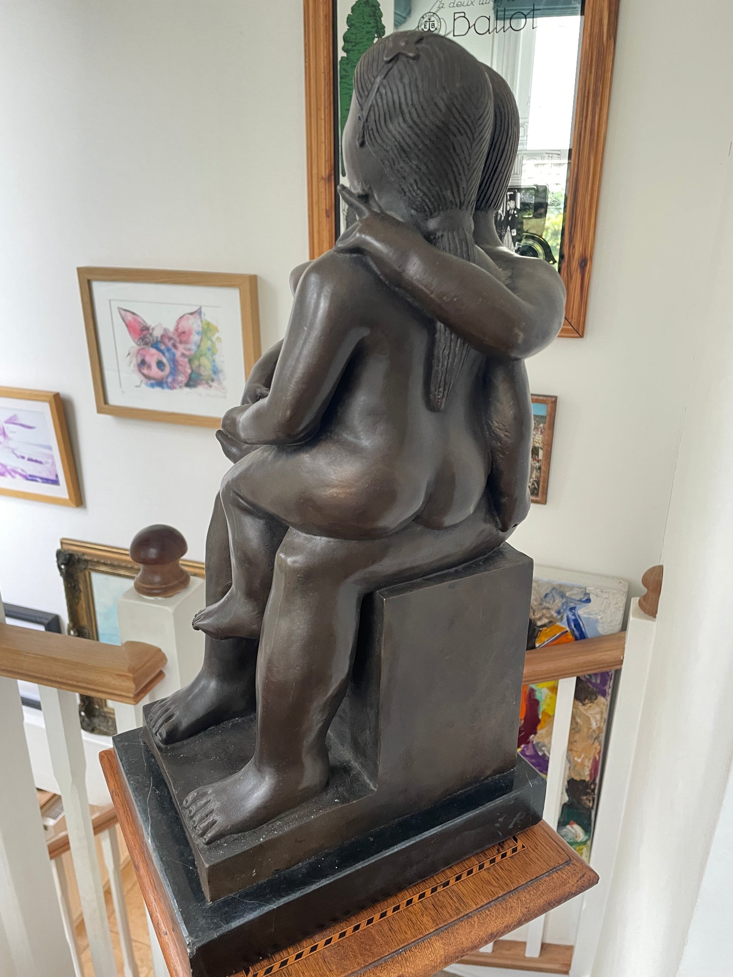 Patinated Bronze Modernist Sculpture “Seated Couple” — signed Pompon, in the manner of Fernando Botero, c.20th century
