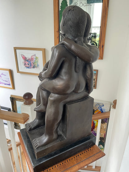 Patinated Bronze Modernist Sculpture “Seated Couple” — signed Pompon, in the manner of Fernando Botero, c.20th century