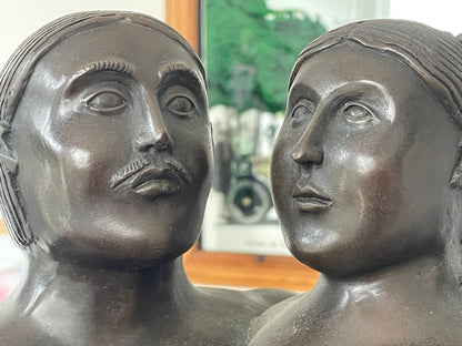 Patinated Bronze Modernist Sculpture “Seated Couple” — signed Pompon, in the manner of Fernando Botero, c.20th century