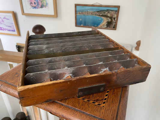 Vintage Wooden Drawer with Metal Dividers, Mid 20th Century Printers Type Tray or Workshop Hardware Storage, Industrial Display Case