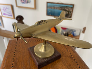 Vintage Brass Spitfire Desk Model Airplane on Wooden Base – Mid Century RAF WW2 Aircraft Ornament