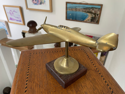 Vintage Brass Spitfire Desk Model Airplane on Wooden Base – Mid Century RAF WW2 Aircraft Ornament