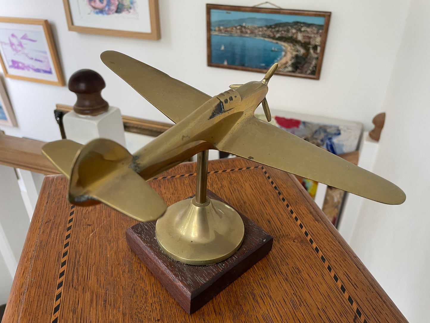 Vintage Brass Spitfire Desk Model Airplane on Wooden Base – Mid Century RAF WW2 Aircraft Ornament