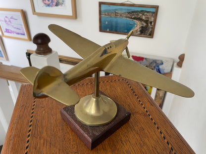 Vintage Brass Spitfire Desk Model Airplane on Wooden Base – Mid Century RAF WW2 Aircraft Ornament