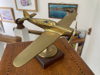 Vintage Brass Spitfire Desk Model Airplane on Wooden Base – Mid Century RAF WW2 Aircraft Ornament