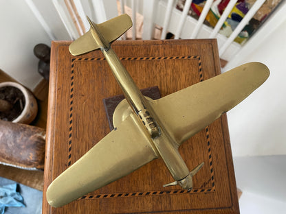 Vintage Brass Spitfire Desk Model Airplane on Wooden Base – Mid Century RAF WW2 Aircraft Ornament